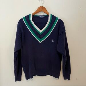 VTG 90’s Nautica Varsity Mens M Sweater Navy V Neck Cable Pullover Preppy Y2K